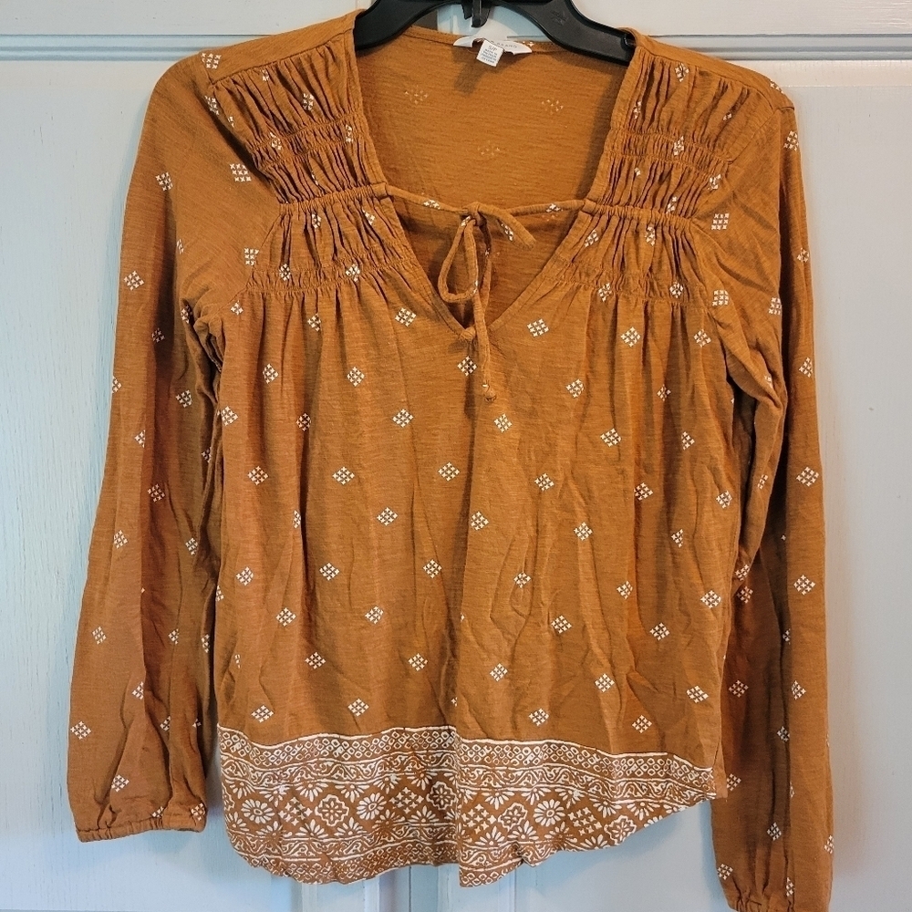 Lucky Brand Brown Long Sleeve Boho Peasant Top
